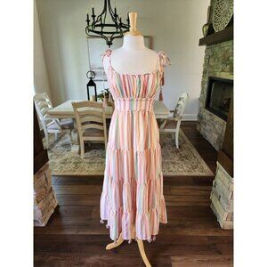 ChicWish Rainbow Pastel Striped Multicolor Maxi with‎ Tassels Dress Boho Size M